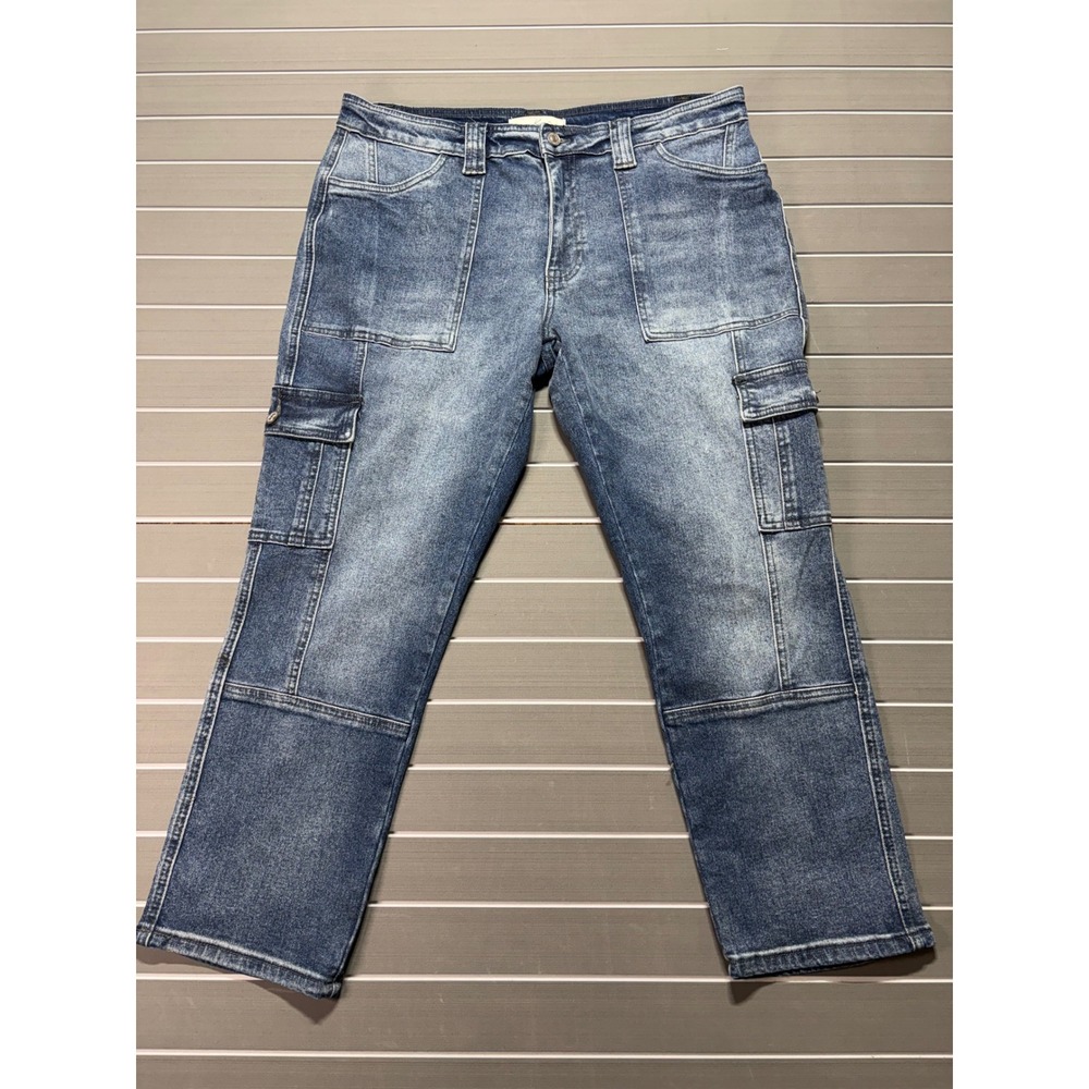 KanCan Women Blue Cargo Jeans Straight Leg High Rise Stretch Denim KC7843D 13/30